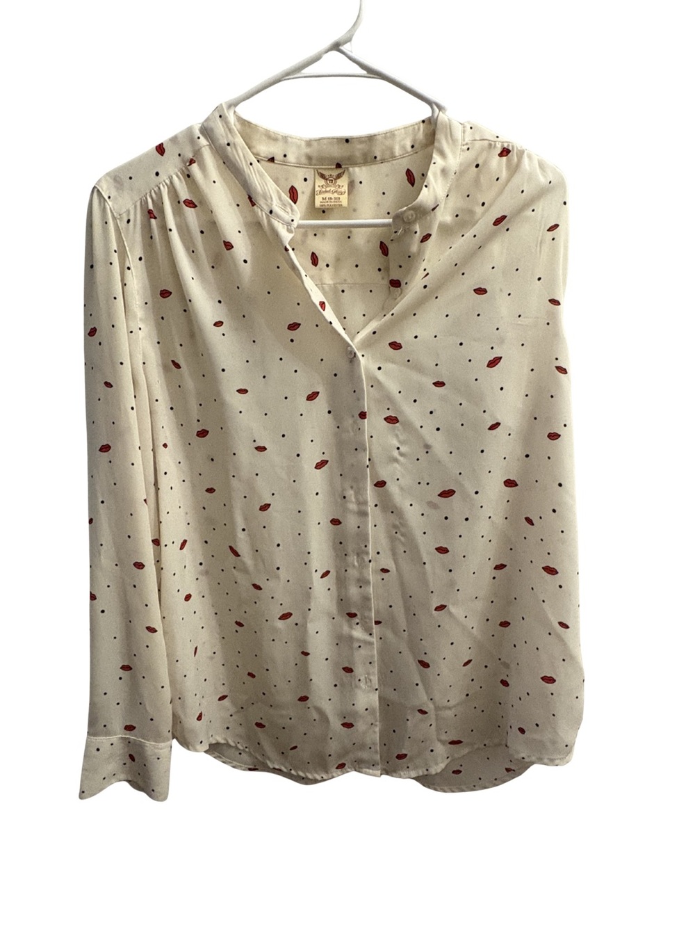 Cream Button-Front Blouse with Red Lips & Black Dot Print